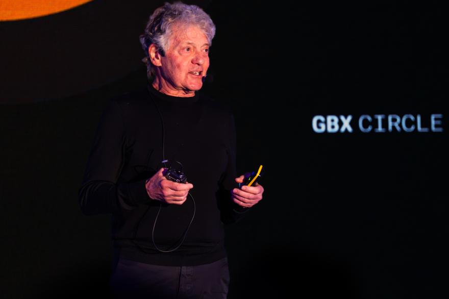 GBX Circle MEVO 2026 in London · &ldquo;Cell Science to Market&rdquo; session AC05 with Gabor Forgacs from Fork and Good at the GBX Circle backdrop, photographed by P. Basanez for the Circle. MEVO Royal Lancaster London, connecting today&rsquo;s decisions with a deep heritage in bioprinting and cell science · meatevo.com