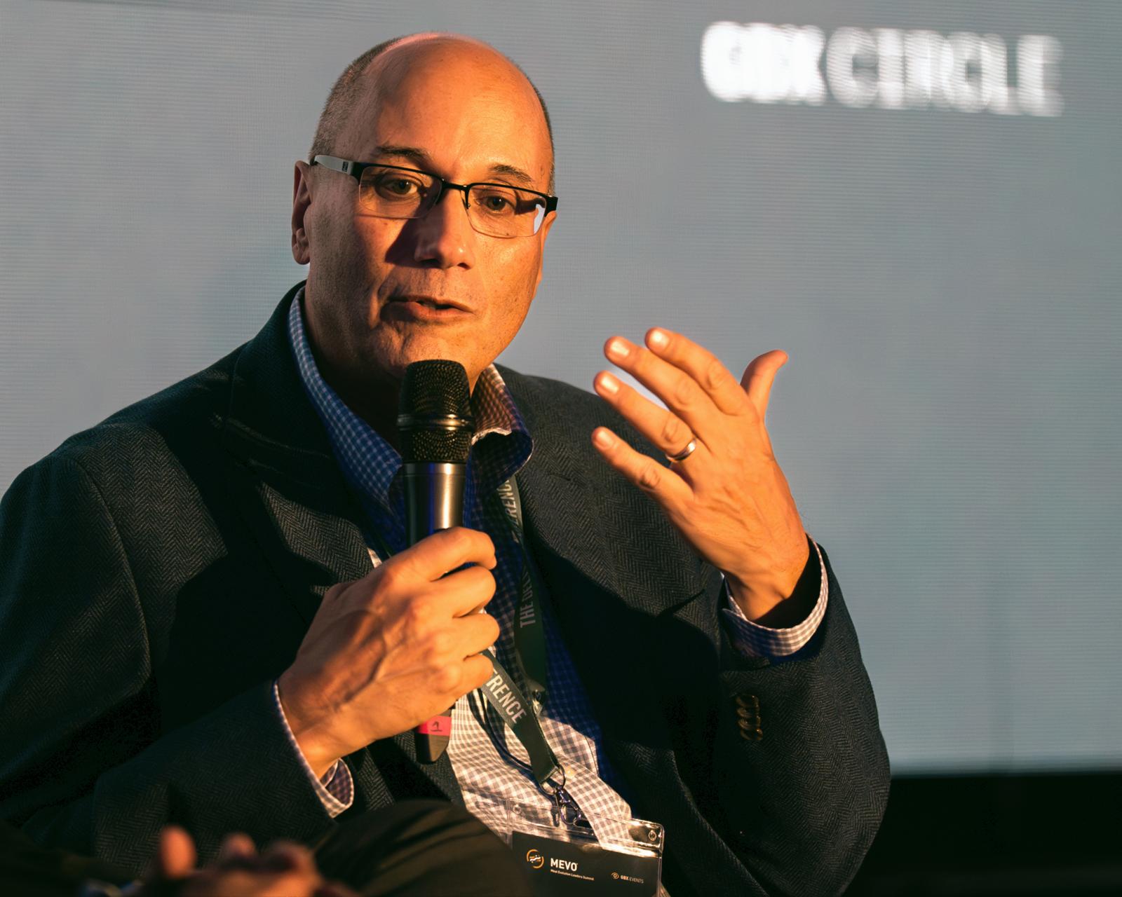 Paul Shapiro of The Better Meat Co. on the forum floor at MEVO, the Circle · meatevo.com